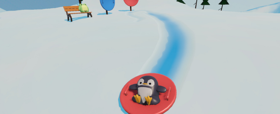 Titre : Luge et détente : un jeu amusant avec des pingouins en ragdoll qui dévalent les pentes